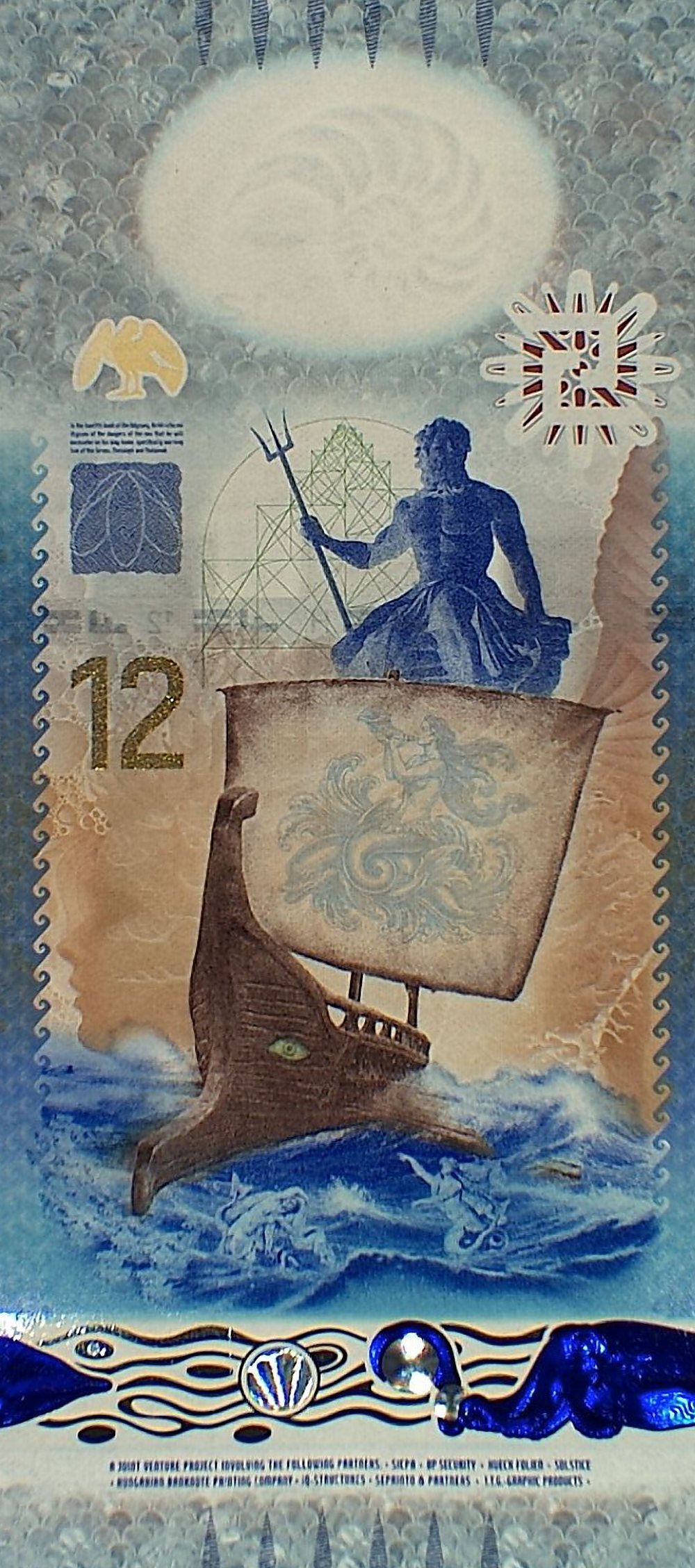 The Siren’s Call demonstration note in daylight: Poseidon with his trident above Odysseus’ galley on a stormy sea