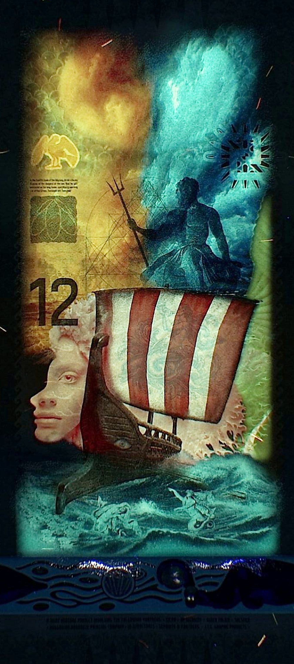 The same note under 365 nm ultraviolet light: a burning sunrise, a siren’s face and a red-and-white striped sail appear